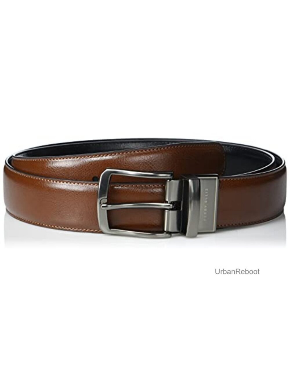Perry Ellis Men's Reversible Leather Dress Belt 1.5 Inch Silver Prong Buckle